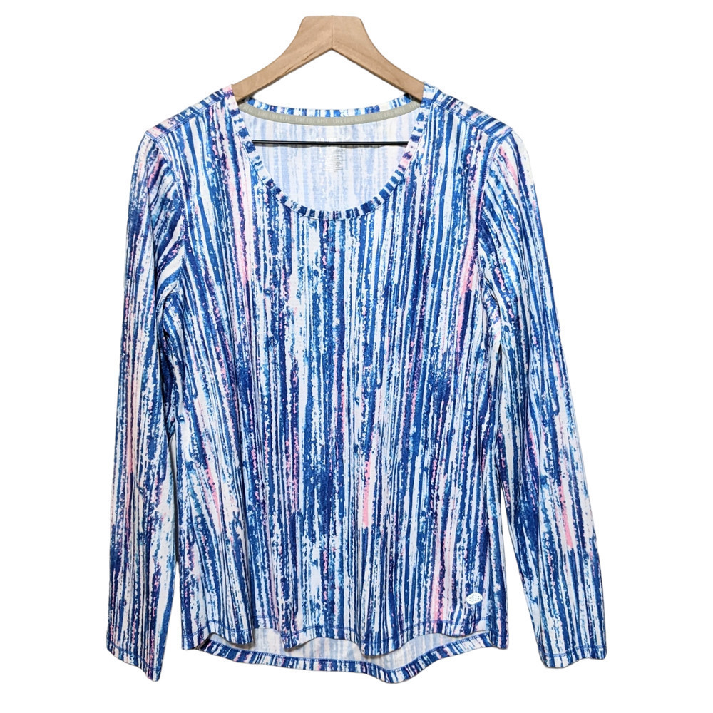 Reel Legends Blue White and Pink Striped Long Sleeve Top